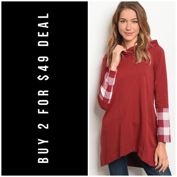 143rd Style Haus Tops - BURGUNDY CHECKED HOODIE